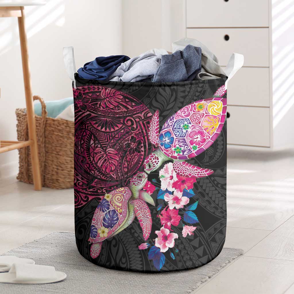 Hawaiian Couple Turtles Honi Laundry Basket Polynesian Art Motifs and Hibiscus Black Red Color LT03 Black - Polynesian Pride