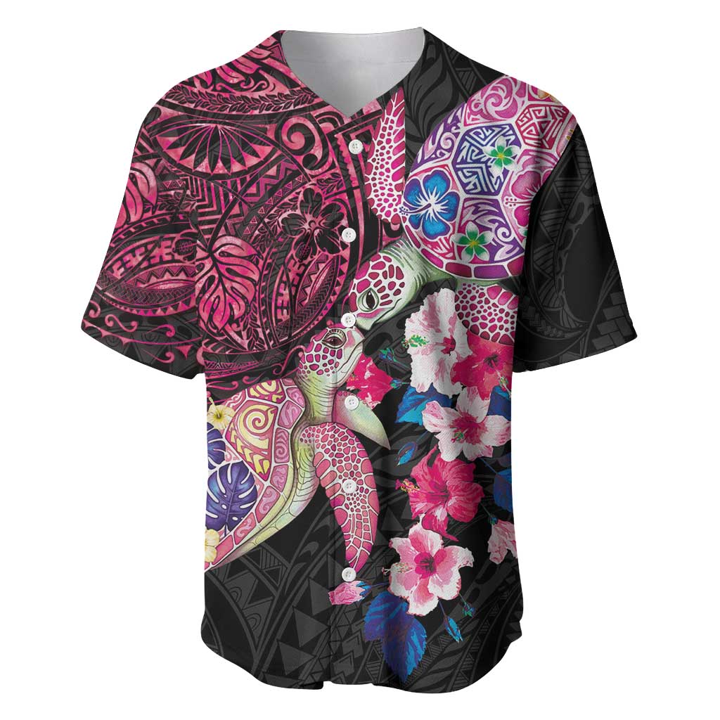 Hawaiian Couple Turtles Honi Baseball Jersey Polynesian Art Motifs and Hibiscus Black Red Color LT03 Black - Polynesian Pride