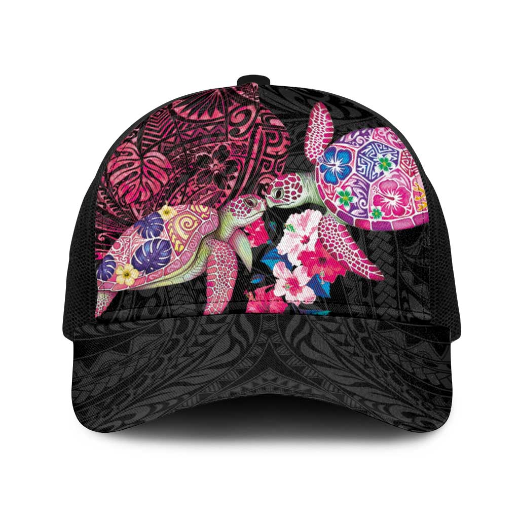 Hawaiian Couple Turtles Honi Baseball Net Cap Polynesian Art Motifs and Hibiscus Black Red Color LT03 One Size Black Black - Polynesian Pride