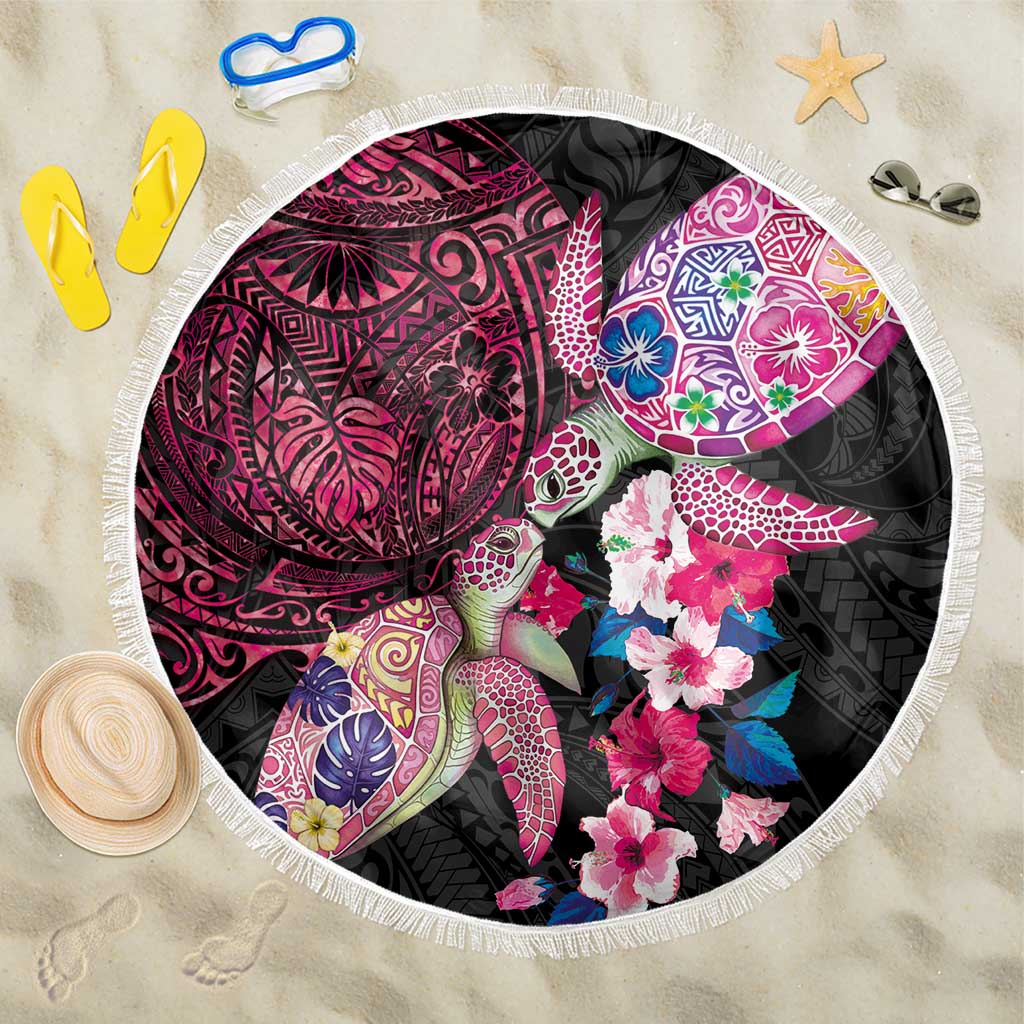 Hawaiian Couple Turtles Honi Beach Blanket Polynesian Art Motifs and Hibiscus Black Red Color LT03 One Size 150cm Black - Polynesian Pride
