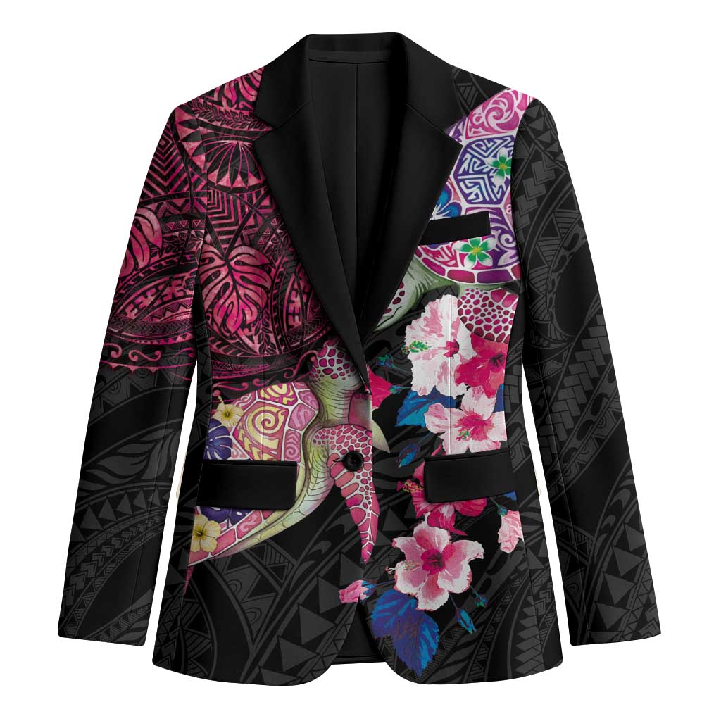 Hawaiian Couple Turtles Honi Blazer Polynesian Art Motifs and Hibiscus Black Red Color LT03 Unisex Black - Polynesian Pride