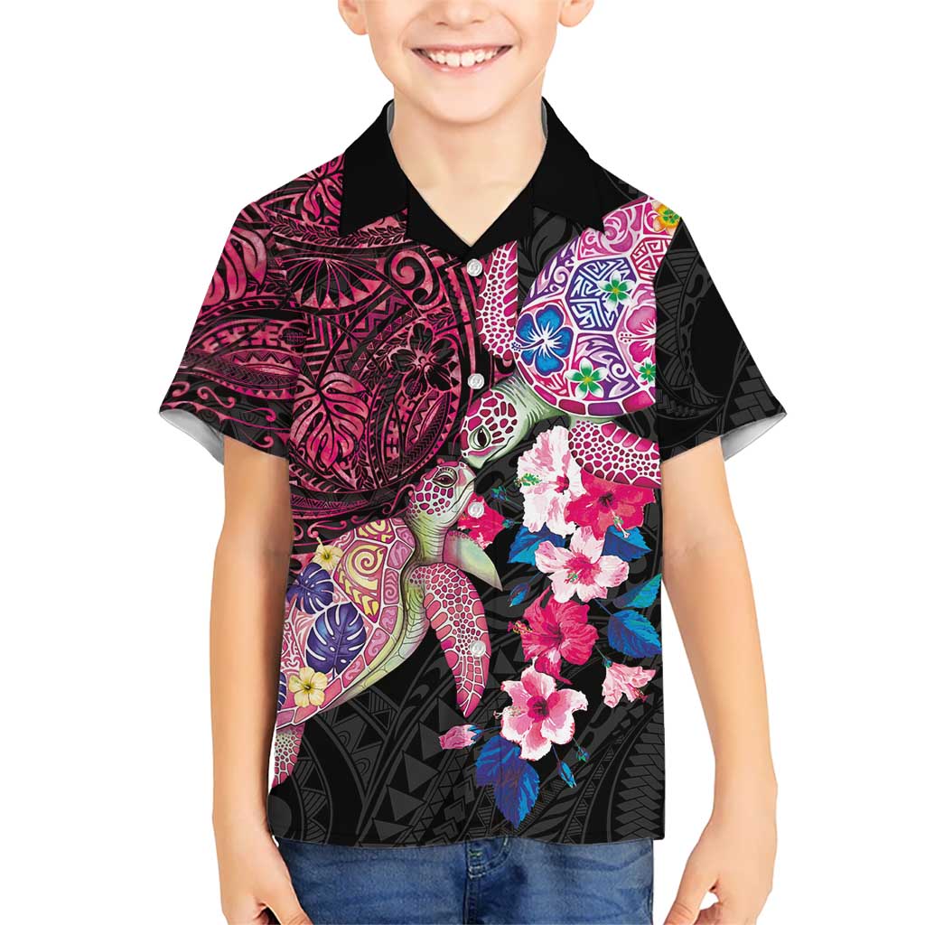 Hawaiian Couple Turtles Honi Kid Hawaiian Shirt Polynesian Art Motifs and Hibiscus Black Red Color LT03 Kid Black - Polynesian Pride