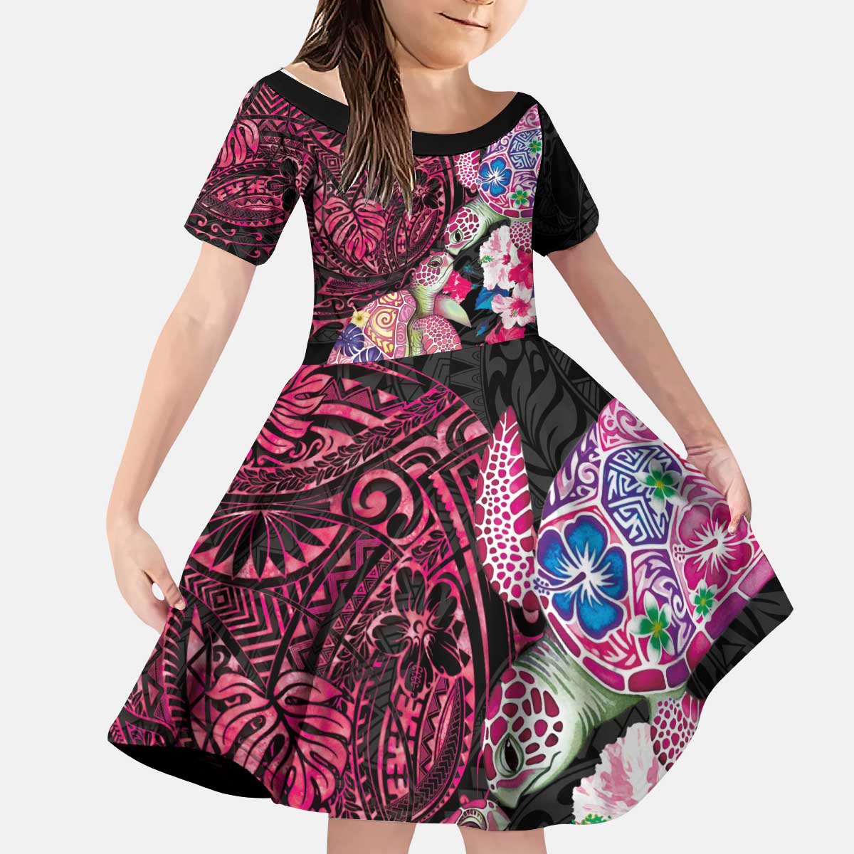 Hawaiian Couple Turtles Honi Kid Short Sleeve Dress Polynesian Art Motifs and Hibiscus Black Red Color LT03 KID Black - Polynesian Pride