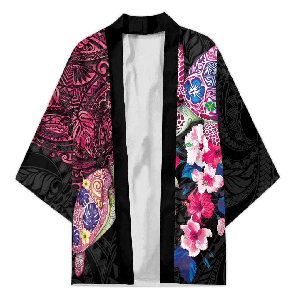 Hawaiian Couple Turtles Honi Kimono Polynesian Art Motifs and Hibiscus Black Red Color LT03 Unisex Black - Polynesian Pride