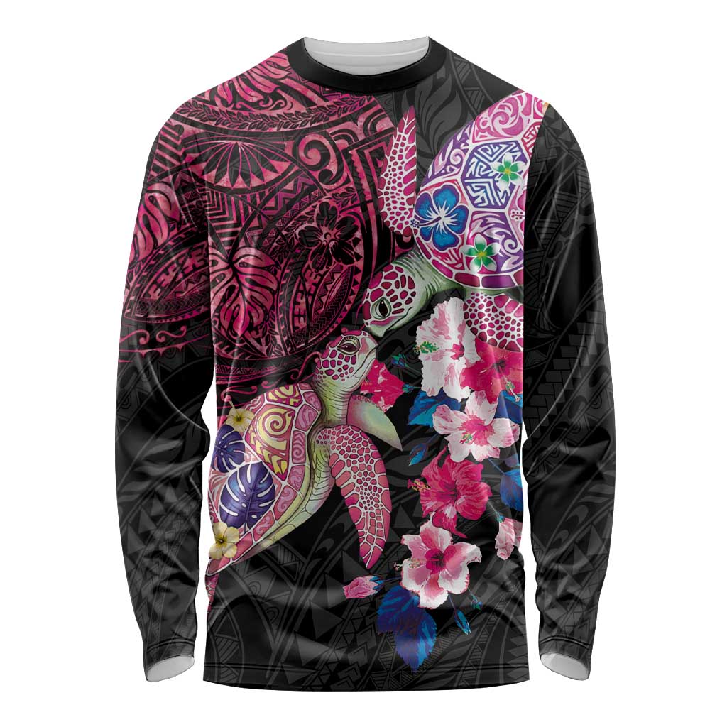 Hawaiian Couple Turtles Honi Long Sleeve Shirt Polynesian Art Motifs and Hibiscus Black Red Color LT03 Unisex Black - Polynesian Pride