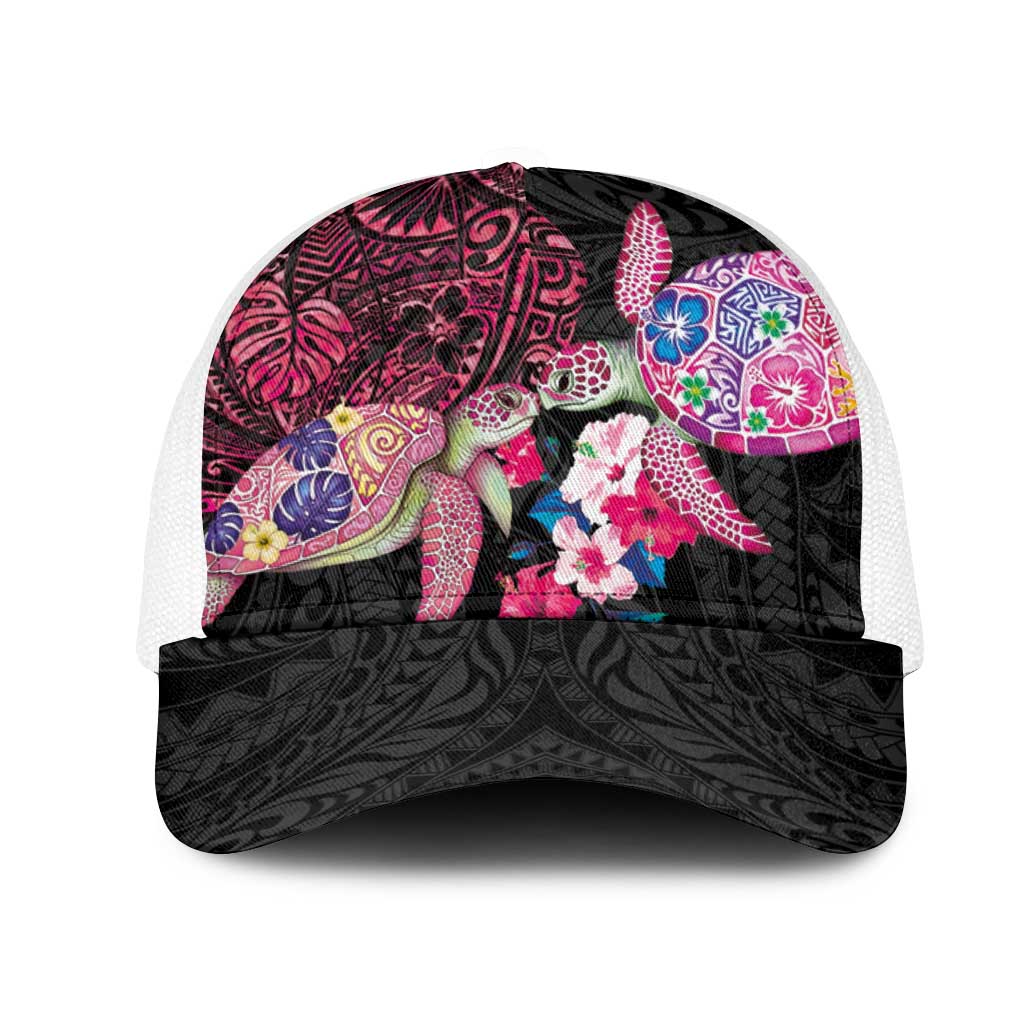 Hawaiian Couple Turtles Honi Mesh Trucker Cap Polynesian Art Motifs and Hibiscus Black Red Color LT03 One Size White Black - Polynesian Pride