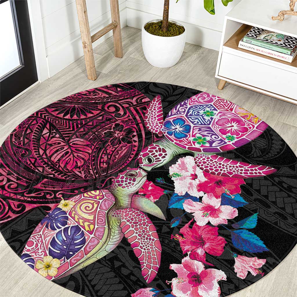 Hawaiian Couple Turtles Honi Round Carpet Polynesian Art Motifs and Hibiscus Black Red Color LT03 Black - Polynesian Pride