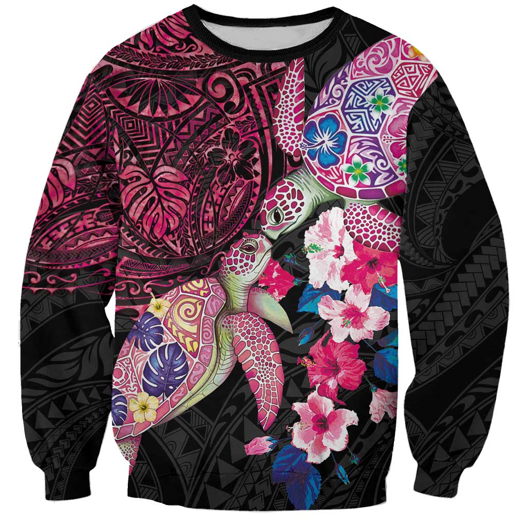 Hawaiian Couple Turtles Honi Sweatshirt Polynesian Art Motifs and Hibiscus Black Red Color LT03 Unisex Black - Polynesian Pride