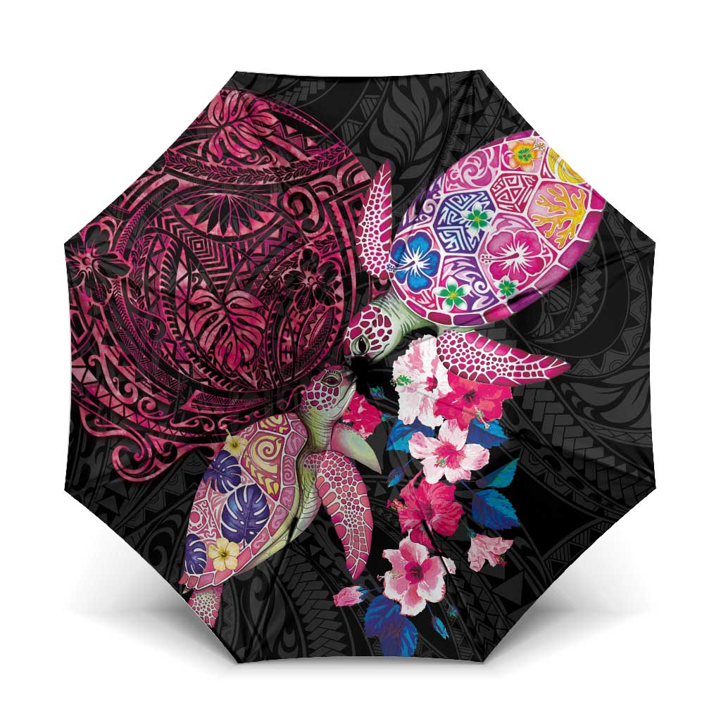 Hawaiian Couple Turtles Honi Umbrella Polynesian Art Motifs and Hibiscus Black Red Color LT03 One Size Folded 11.42 inch Opened Diameter 37.4 inch Black - Polynesian Pride