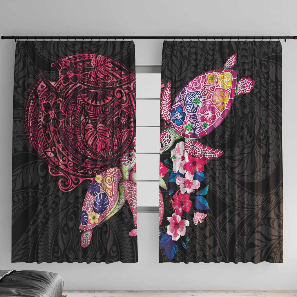 Hawaiian Couple Turtles Honi Window Curtain Polynesian Art Motifs and Hibiscus Black Red Color LT03 With Hooks Black - Polynesian Pride