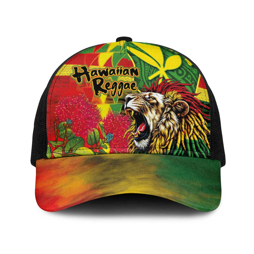 Hawaiian Reggae Baseball Net Cap Kakau Art Motifs with Ohia Lehua and Rastafari Lion LT03 One Size Black Multicolor - Polynesian Pride