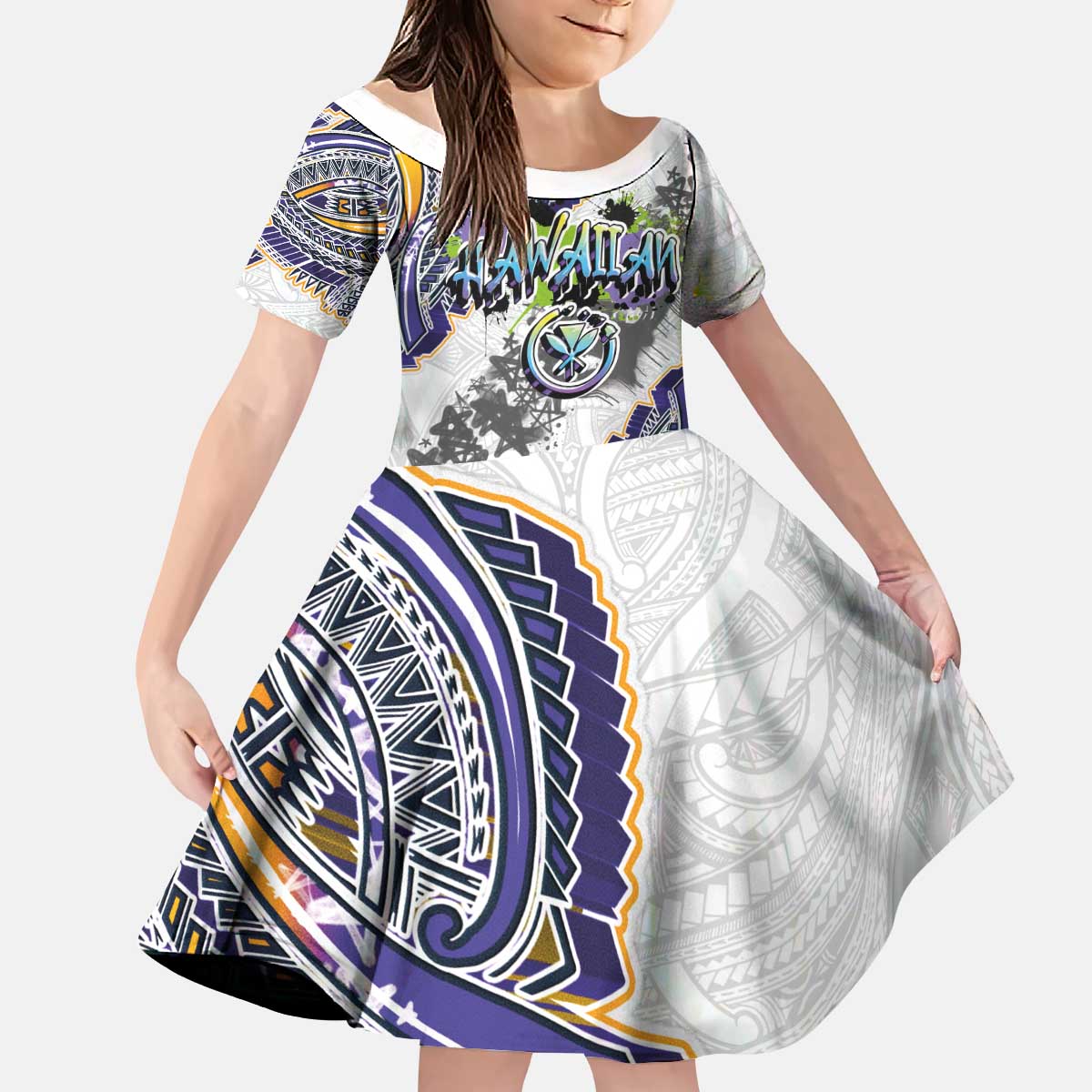 Traditional Art Hawaiian Kakau Tattoos Kid Short Sleeve Dress Graffiti Style LT03 KID White - Polynesian Pride