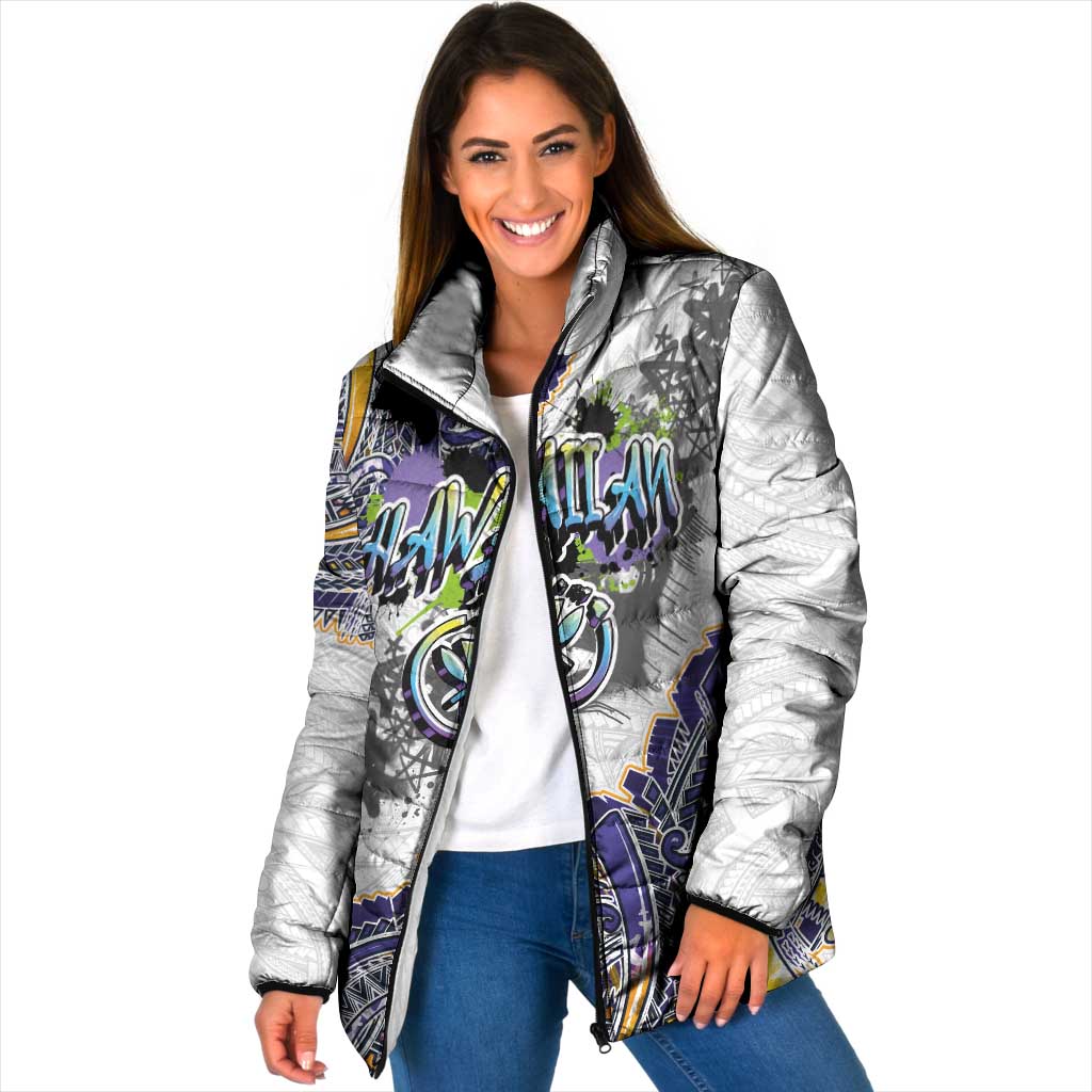 Traditional Art Hawaiian Kakau Tattoos Padded Jacket Graffiti Style LT03 Women White - Polynesian Pride