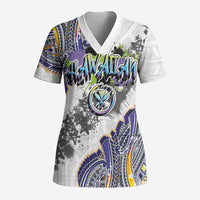 Traditional Art Hawaiian Kakau Tattoos Scrub Top Graffiti Style LT03 Adult White - Polynesian Pride