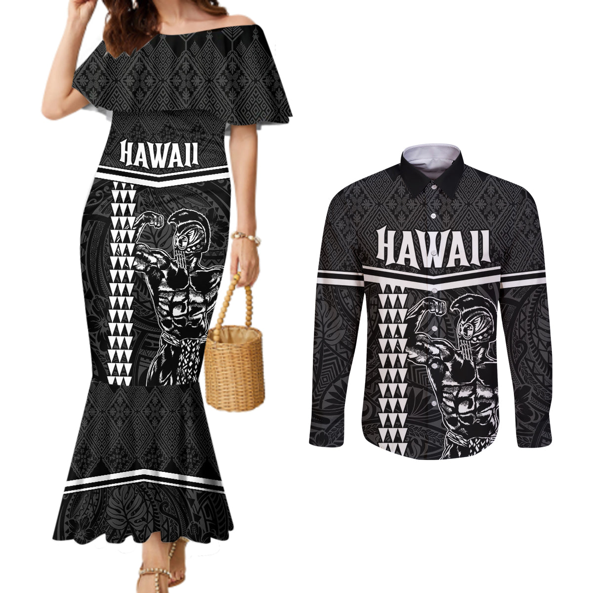 Custom Hawaii Warrior Couples Matching Mermaid Dress and Long Sleeve Button Shirt Kakau Quilt Pattern LT03 Black - Polynesian Pride