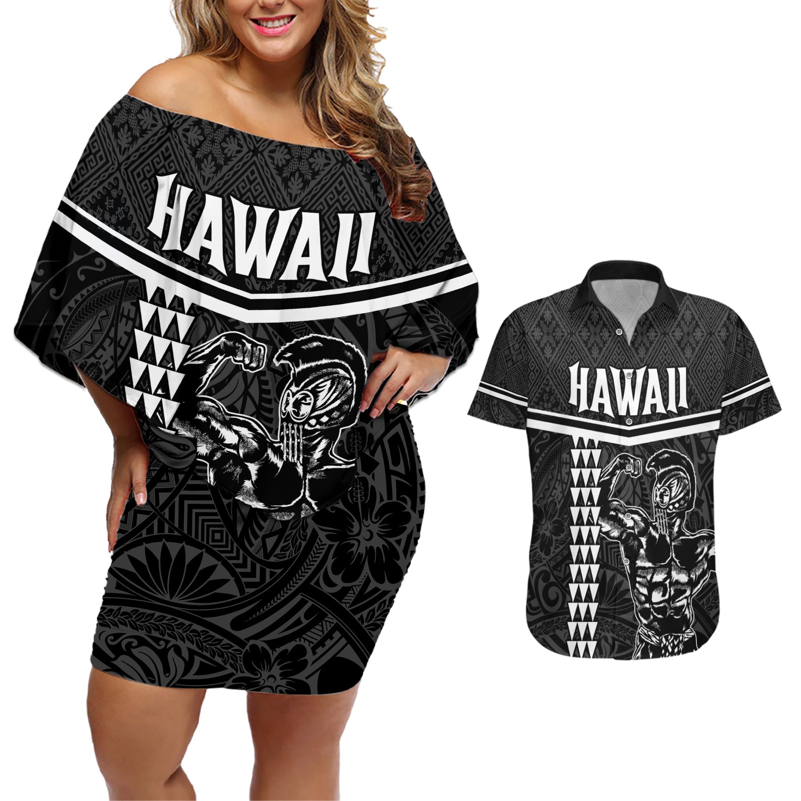 Custom Hawaii Warrior Couples Matching Off Shoulder Short Dress and Hawaiian Shirt Kakau Quilt Pattern LT03 Black - Polynesian Pride