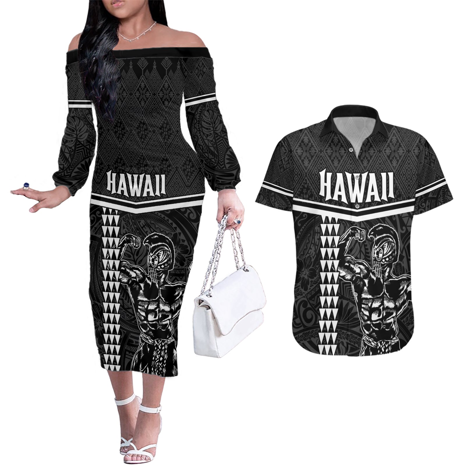 Custom Hawaii Warrior Couples Matching Off The Shoulder Long Sleeve Dress and Hawaiian Shirt Kakau Quilt Pattern LT03 Black - Polynesian Pride