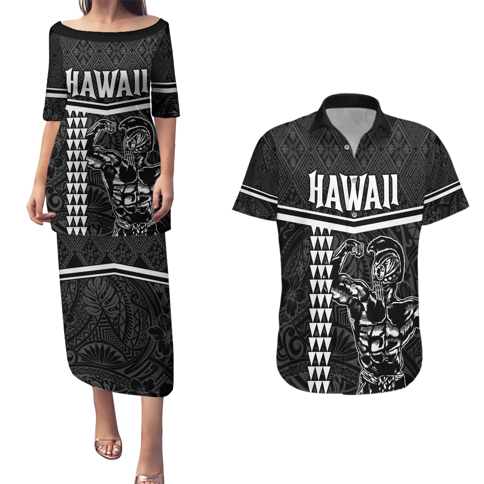 Custom Hawaii Warrior Couples Matching Puletasi and Hawaiian Shirt Kakau Quilt Pattern LT03 Black - Polynesian Pride