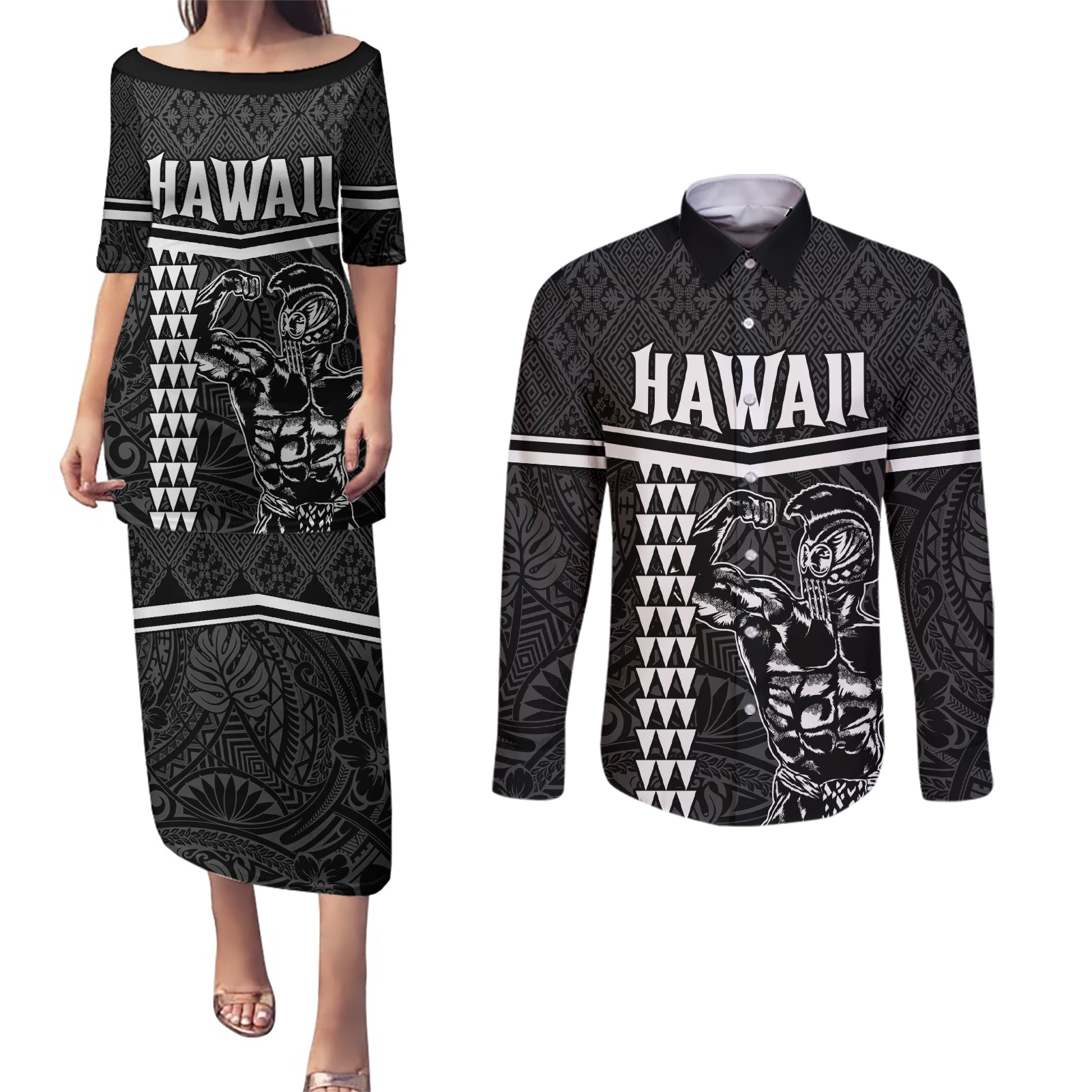 Custom Hawaii Warrior Couples Matching Puletasi and Long Sleeve Button Shirt Kakau Quilt Pattern LT03 Black - Polynesian Pride