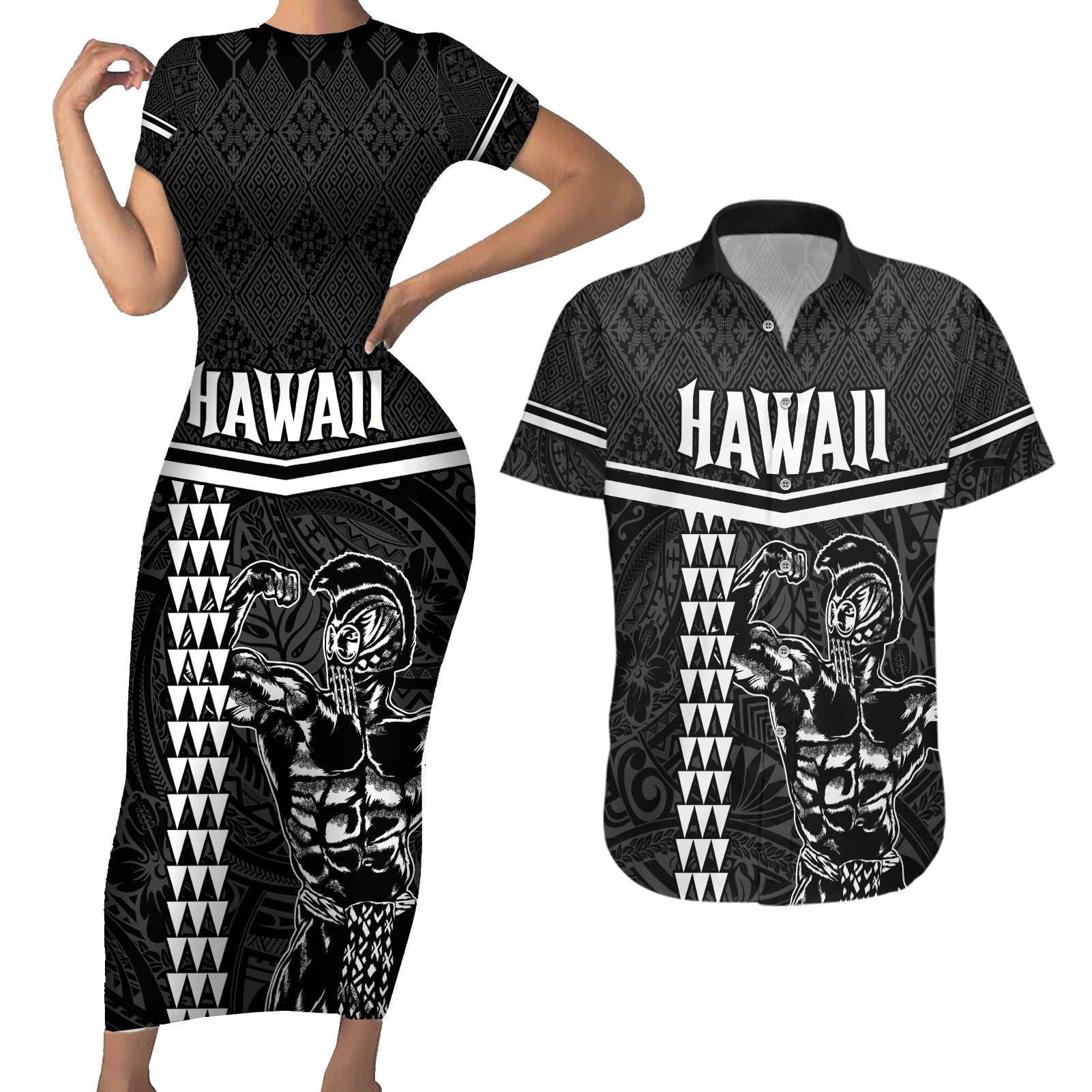 Custom Hawaii Warrior Couples Matching Short Sleeve Bodycon Dress and Hawaiian Shirt Kakau Quilt Pattern LT03 Black - Polynesian Pride