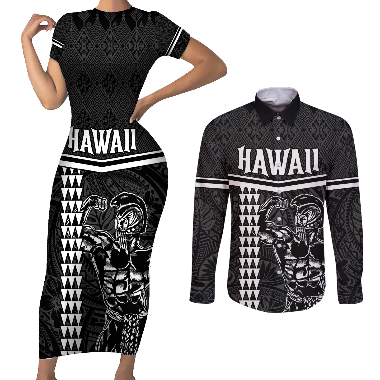 Custom Hawaii Warrior Couples Matching Short Sleeve Bodycon Dress and Long Sleeve Button Shirt Kakau Quilt Pattern LT03 Black - Polynesian Pride