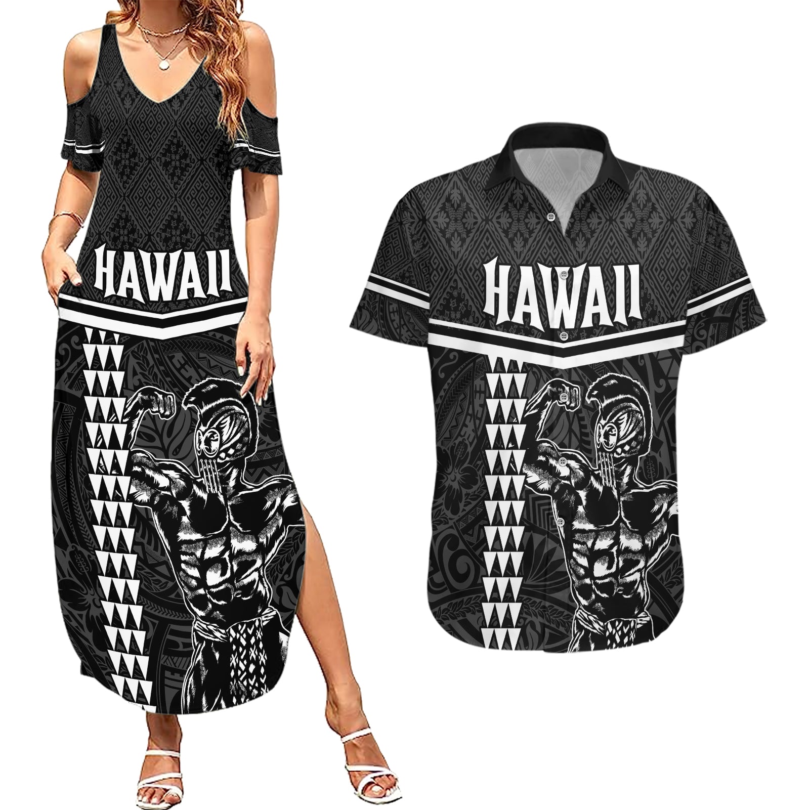 Custom Hawaii Warrior Couples Matching Summer Maxi Dress and Hawaiian Shirt Kakau Quilt Pattern LT03 Black - Polynesian Pride