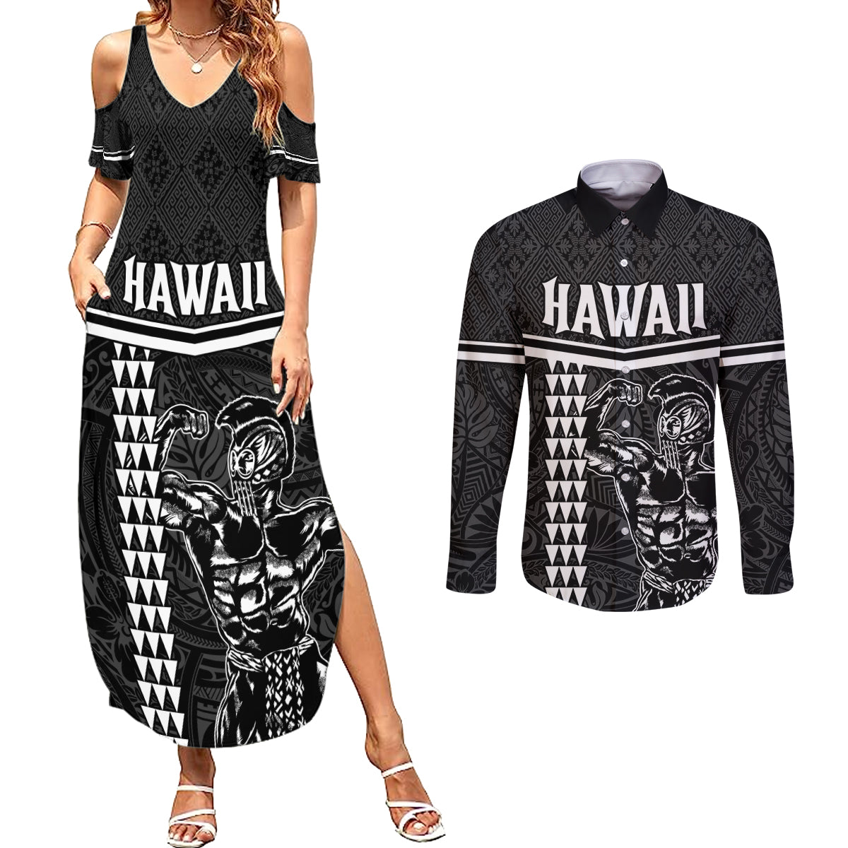 Custom Hawaii Warrior Couples Matching Summer Maxi Dress and Long Sleeve Button Shirt Kakau Quilt Pattern LT03 Black - Polynesian Pride