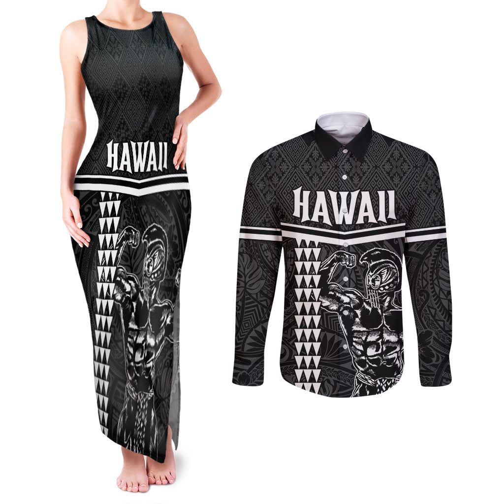 Custom Hawaii Warrior Couples Matching Tank Maxi Dress and Long Sleeve Button Shirt Kakau Quilt Pattern LT03 Black - Polynesian Pride