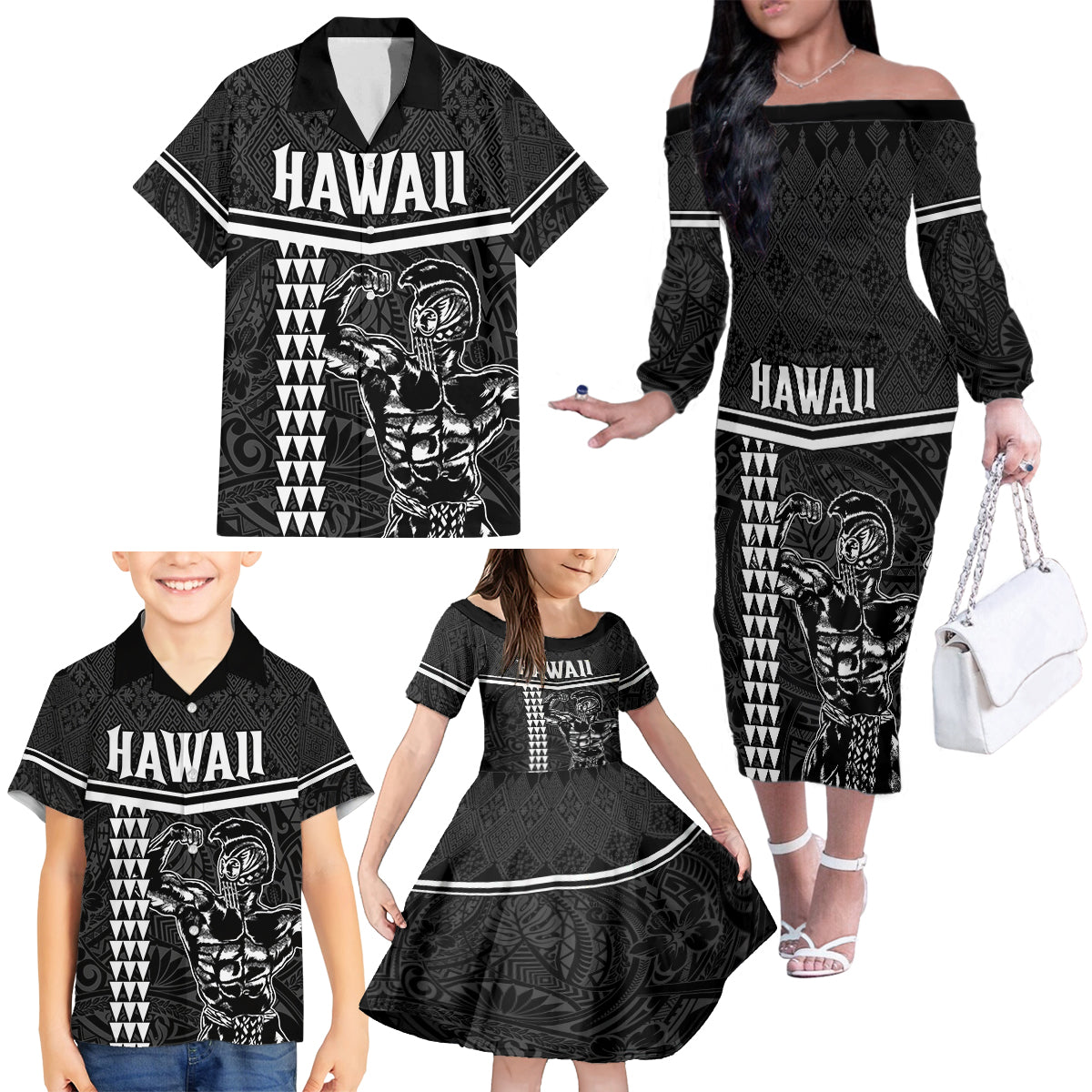 Custom Hawaii Warrior Family Matching Off Shoulder Long Sleeve Dress and Hawaiian Shirt Kakau Quilt Pattern LT03 - Polynesian Pride