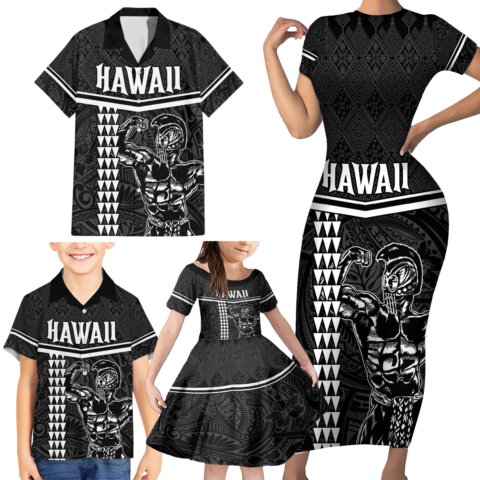 Custom Hawaii Warrior Family Matching Short Sleeve Bodycon Dress and Hawaiian Shirt Kakau Quilt Pattern LT03 - Polynesian Pride