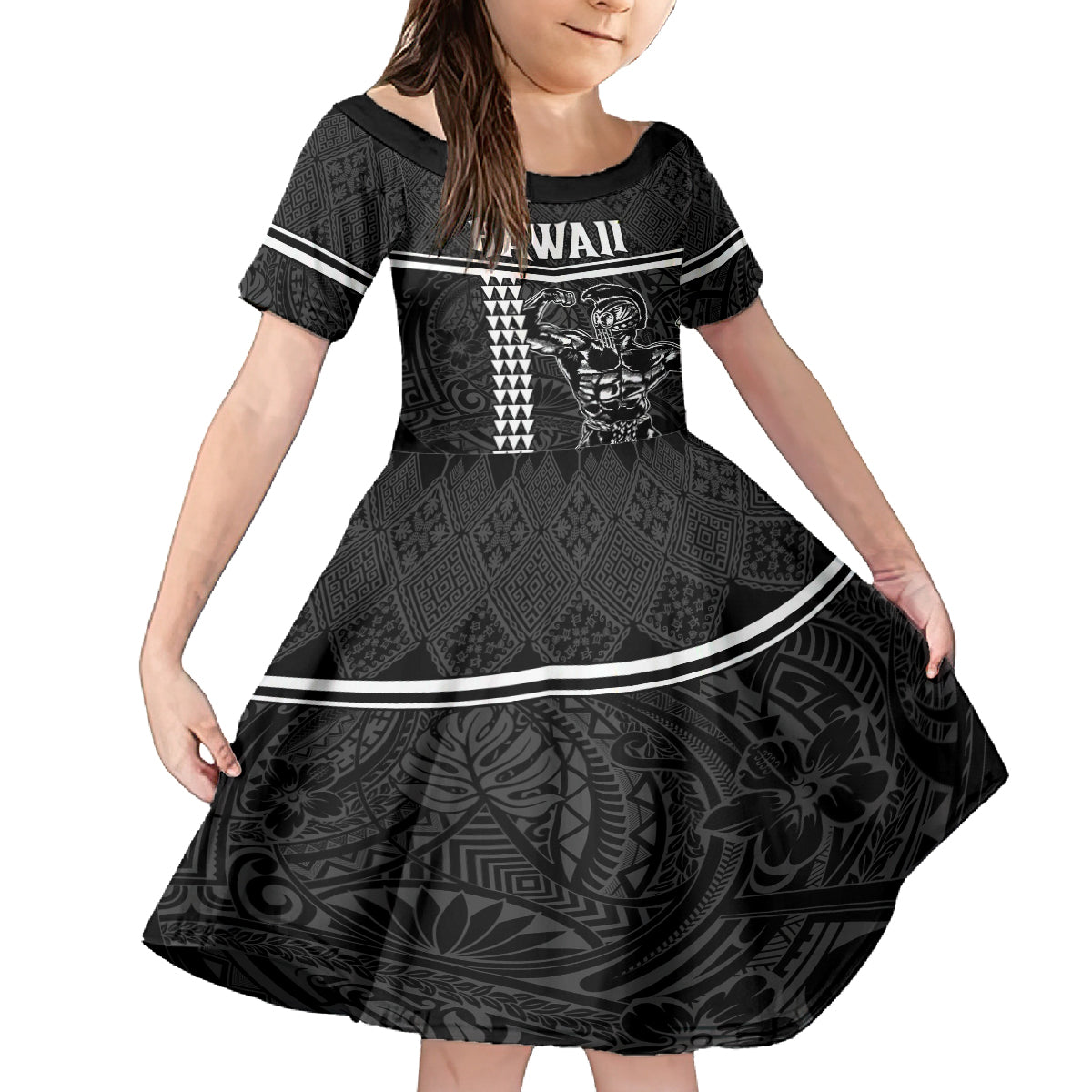 Custom Hawaii Warrior Kid Short Sleeve Dress Kakau Quilt Pattern LT03 KID Black - Polynesian Pride