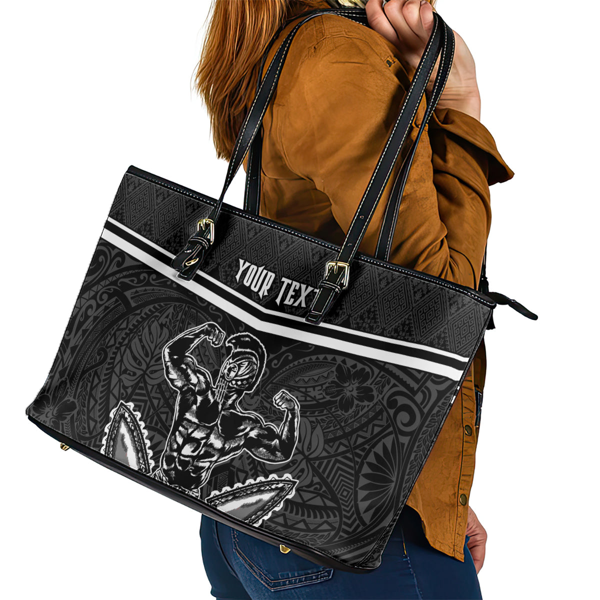 Custom Hawaii Warrior Leather Tote Bag Kakau Quilt Pattern LT03 - Polynesian Pride