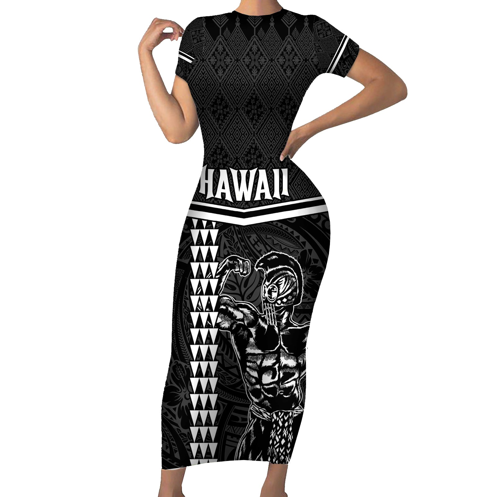 Custom Hawaii Warrior Short Sleeve Bodycon Dress Kakau Quilt Pattern LT03 Long Dress Black - Polynesian Pride