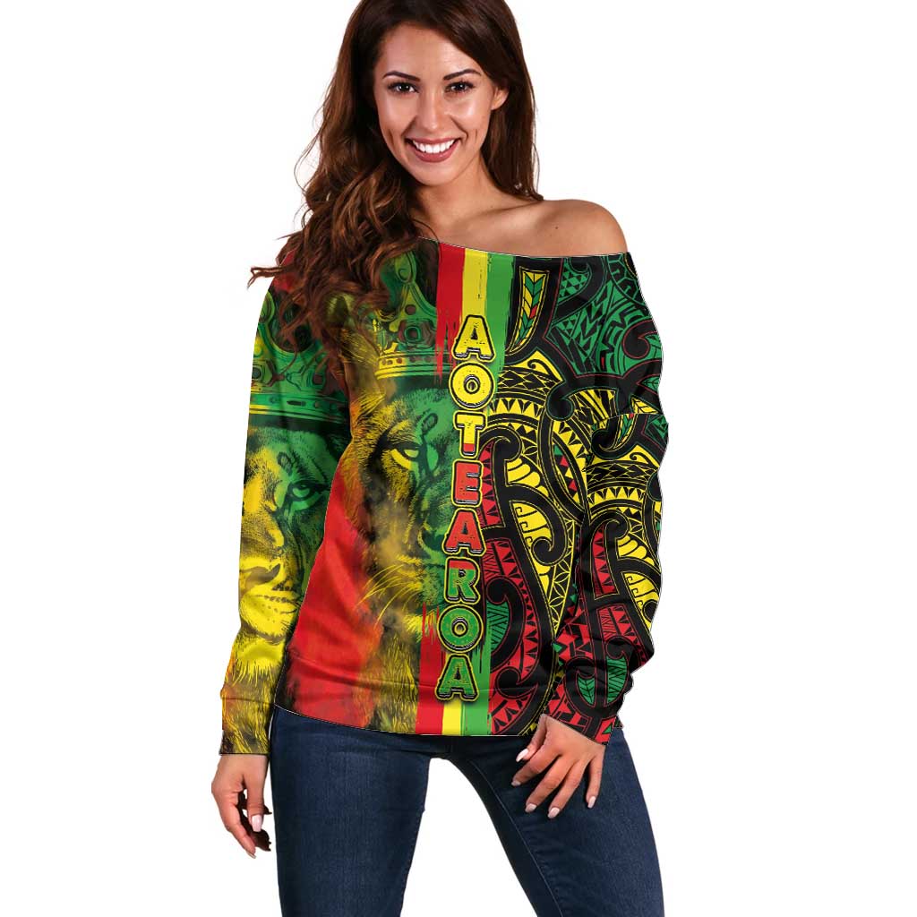 Aotearoa Reggae Off Shoulder Sweater Maori Reggae-One Love LT03 Women Reggae - Polynesian Pride