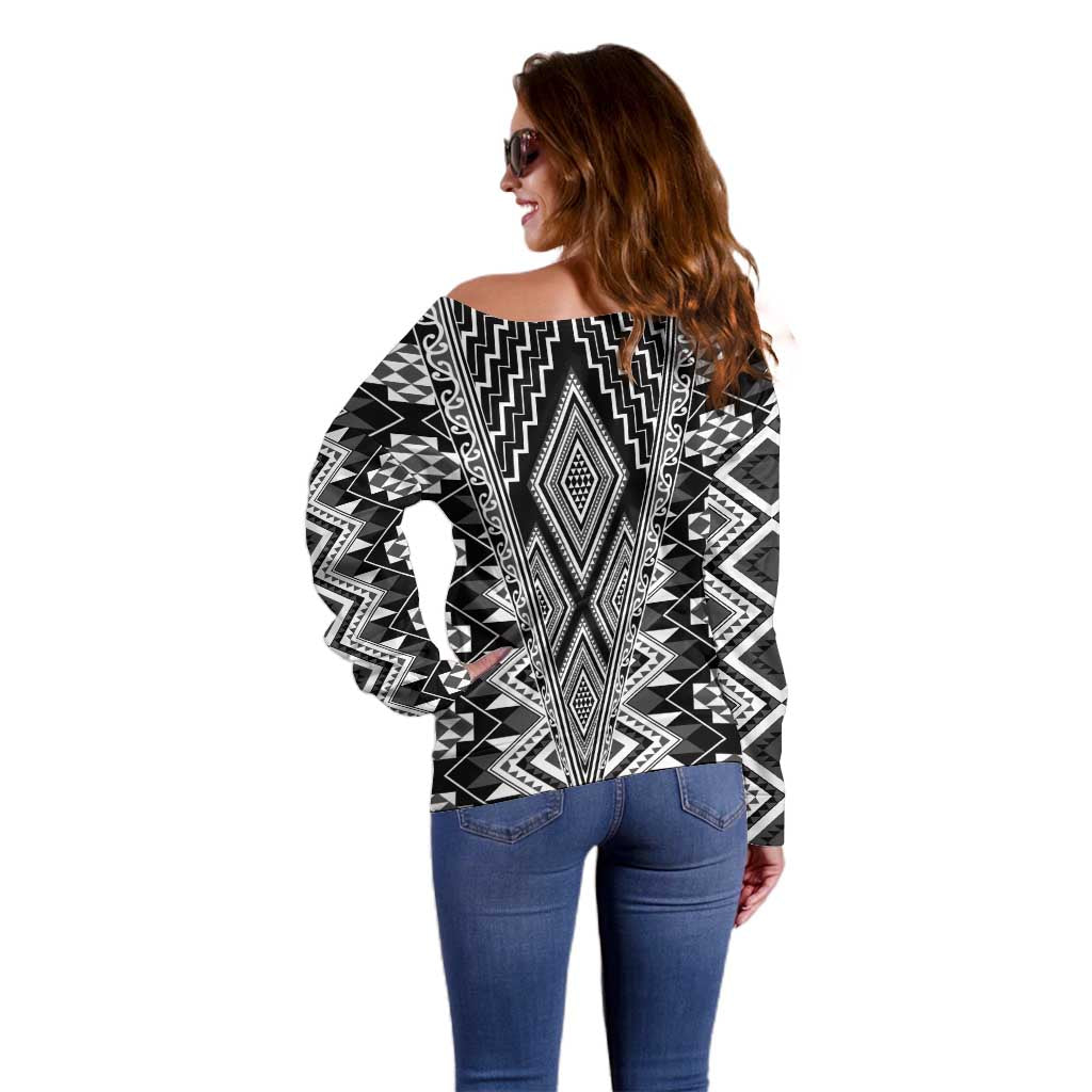 Aotearoa Tukutuku and Poutama Motif Classic Off Shoulder Sweater LT03 - Polynesian Pride