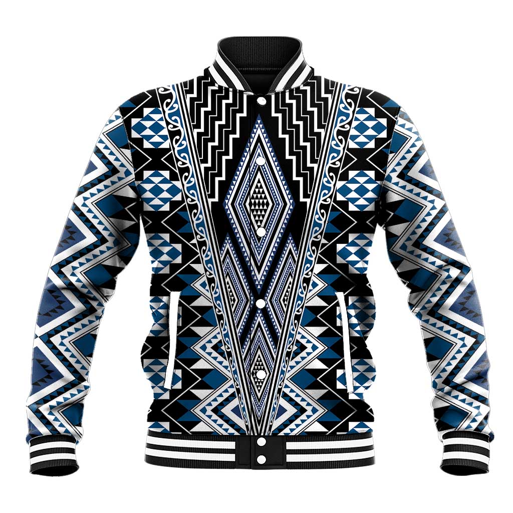 Blue Aotearoa Tukutuku and Poutama Motif Baseball Jacket LT03 Unisex Blue - Polynesian Pride