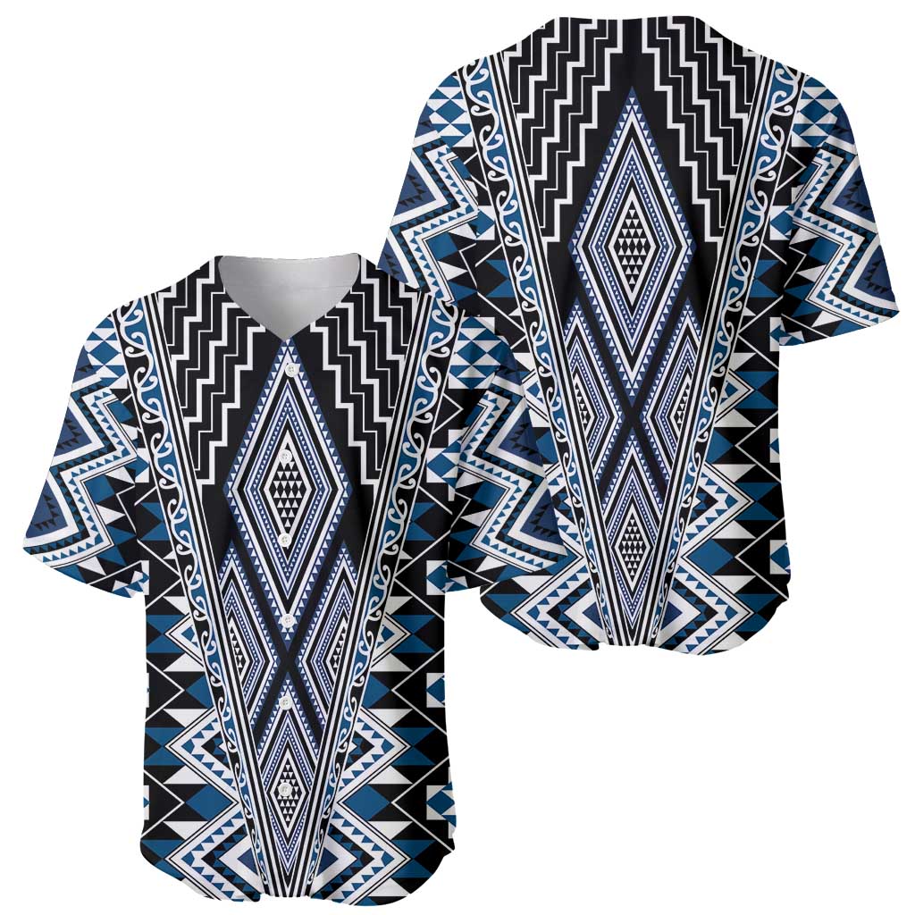 Blue Aotearoa Tukutuku and Poutama Motif Baseball Jersey LT03 - Polynesian Pride