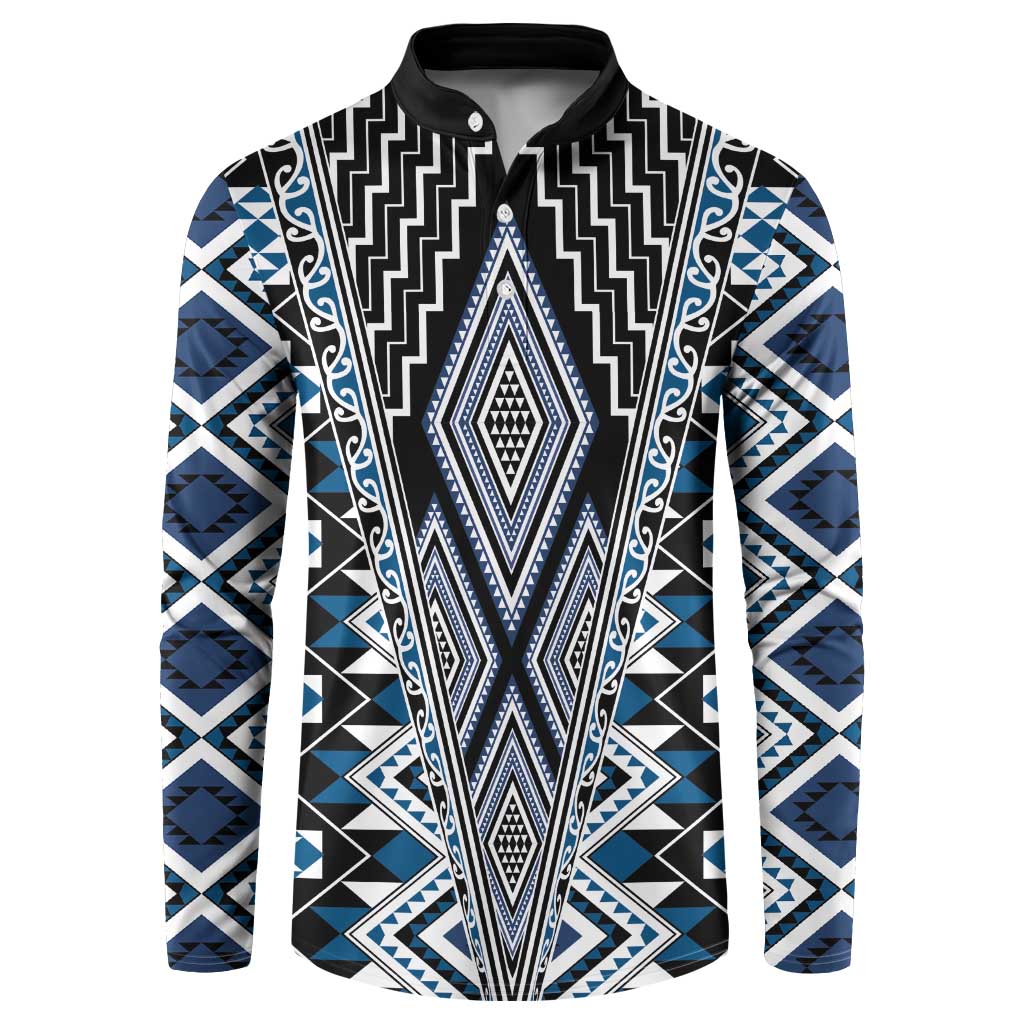 Blue Aotearoa Tukutuku and Poutama Motif Button Sweatshirt LT03 Blue - Polynesian Pride