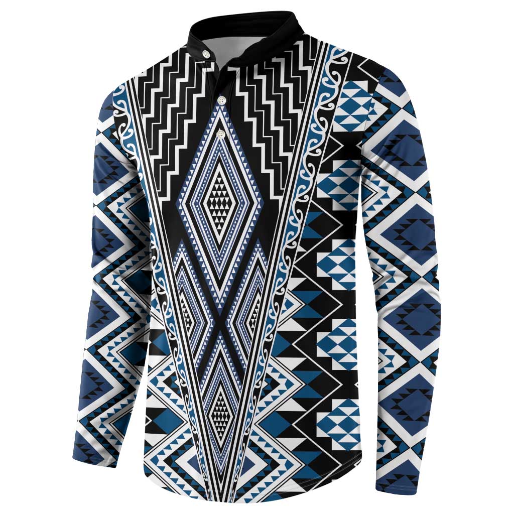 Blue Aotearoa Tukutuku and Poutama Motif Button Sweatshirt LT03 - Polynesian Pride
