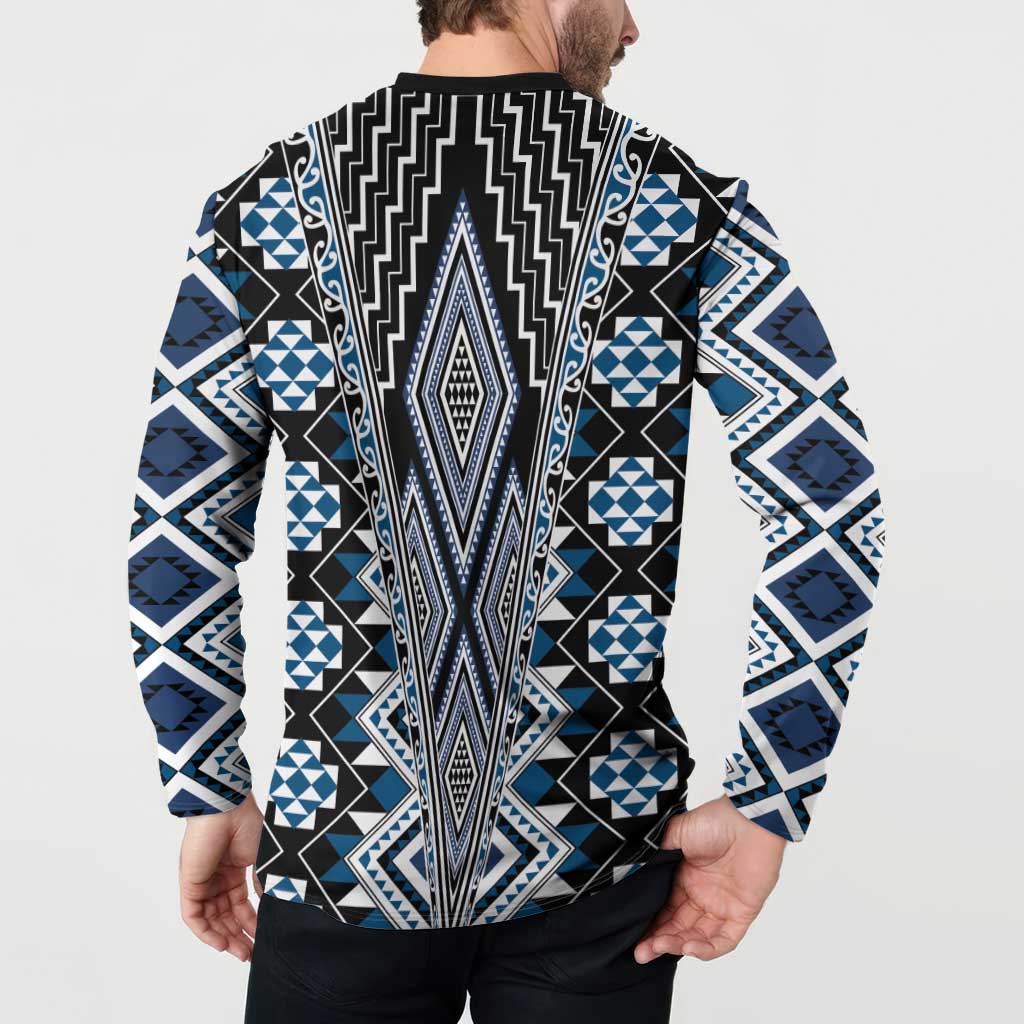 Blue Aotearoa Tukutuku and Poutama Motif Button Sweatshirt LT03 - Polynesian Pride