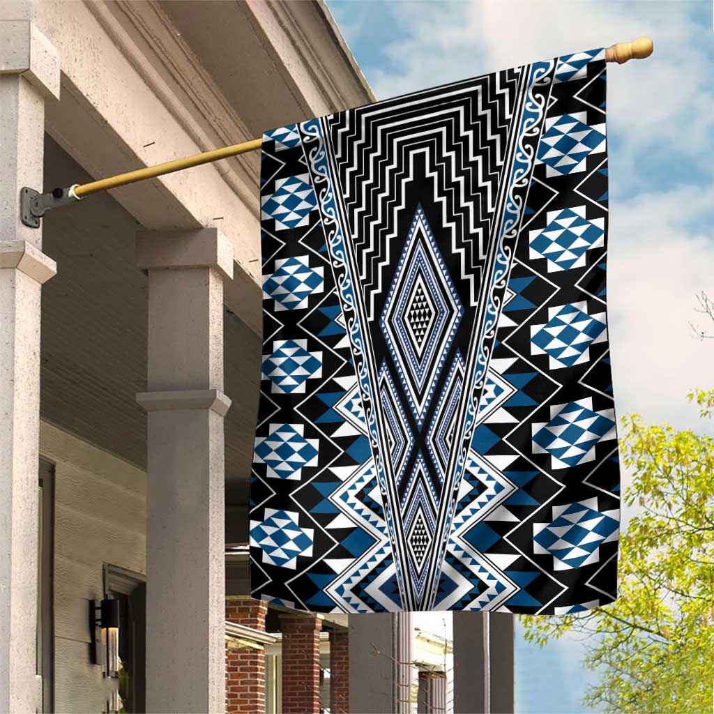 Blue Aotearoa Tukutuku and Poutama Motif Garden Flag LT03 House Flag Blue - Polynesian Pride