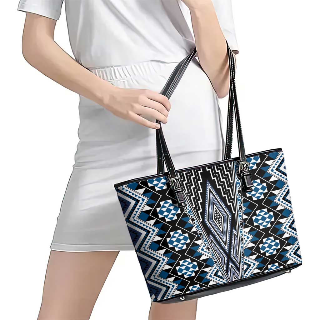 Blue Aotearoa Tukutuku and Poutama Motif Leather Tote Bag LT03 - Polynesian Pride