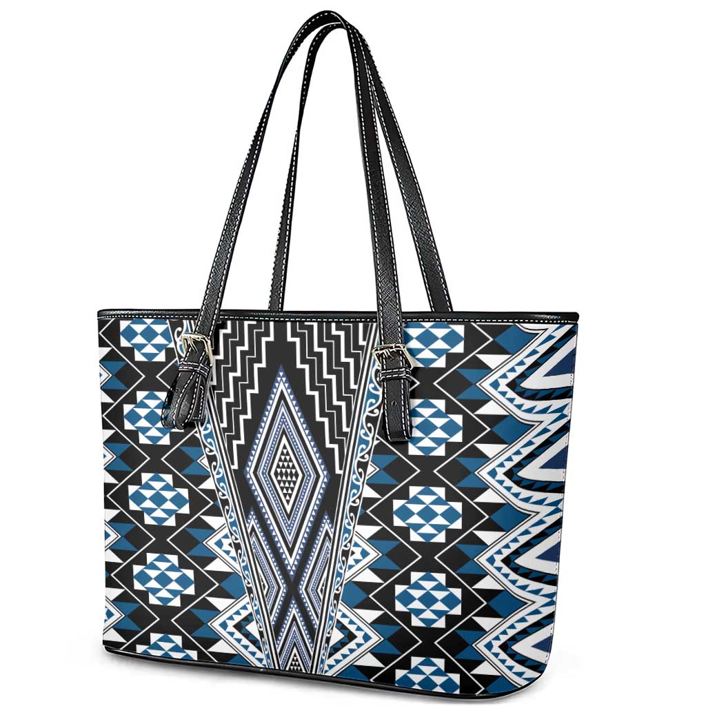 Blue Aotearoa Tukutuku and Poutama Motif Leather Tote Bag LT03 - Polynesian Pride
