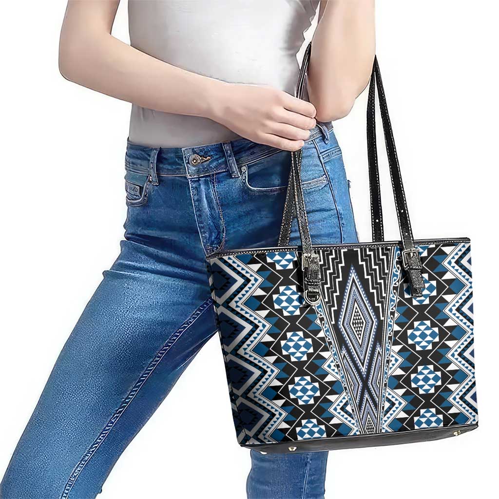 Blue Aotearoa Tukutuku and Poutama Motif Leather Tote Bag LT03 - Polynesian Pride