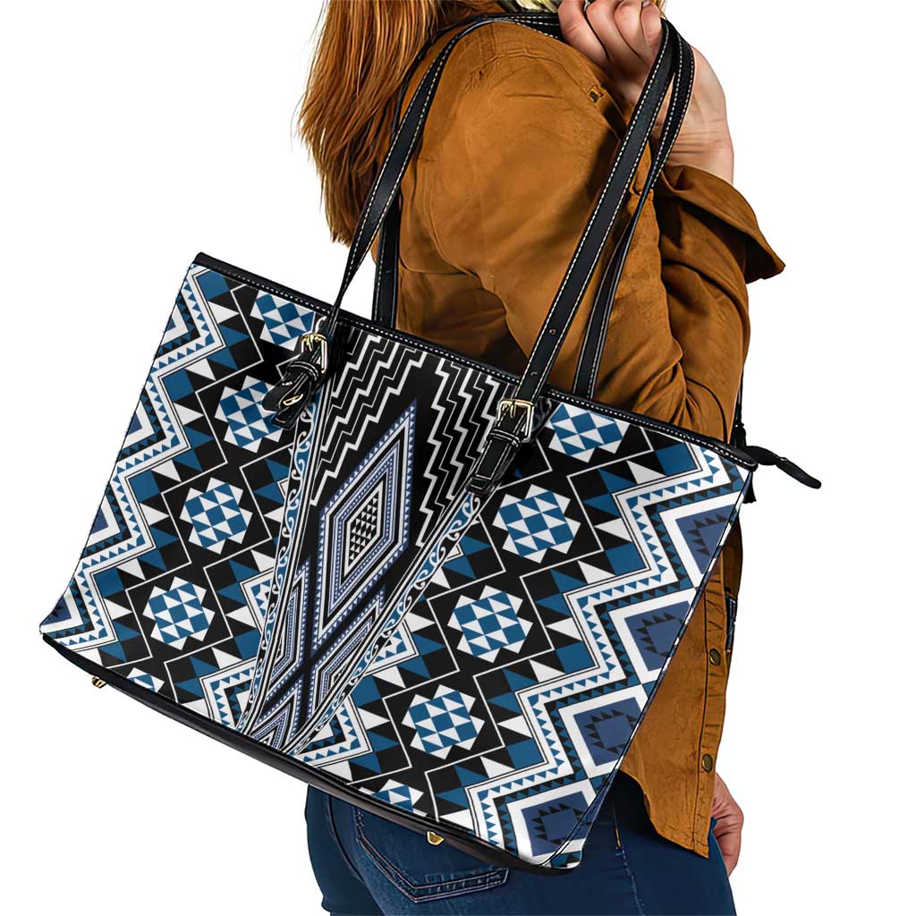 Blue Aotearoa Tukutuku and Poutama Motif Leather Tote Bag LT03 - Polynesian Pride