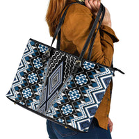 Blue Aotearoa Tukutuku and Poutama Motif Leather Tote Bag LT03 - Polynesian Pride