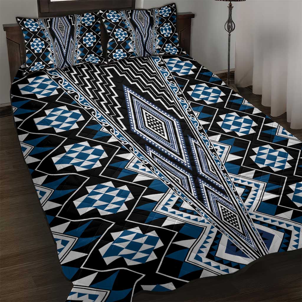 Blue Aotearoa Tukutuku and Poutama Motif Quilt Bed Set LT03 Blue - Polynesian Pride