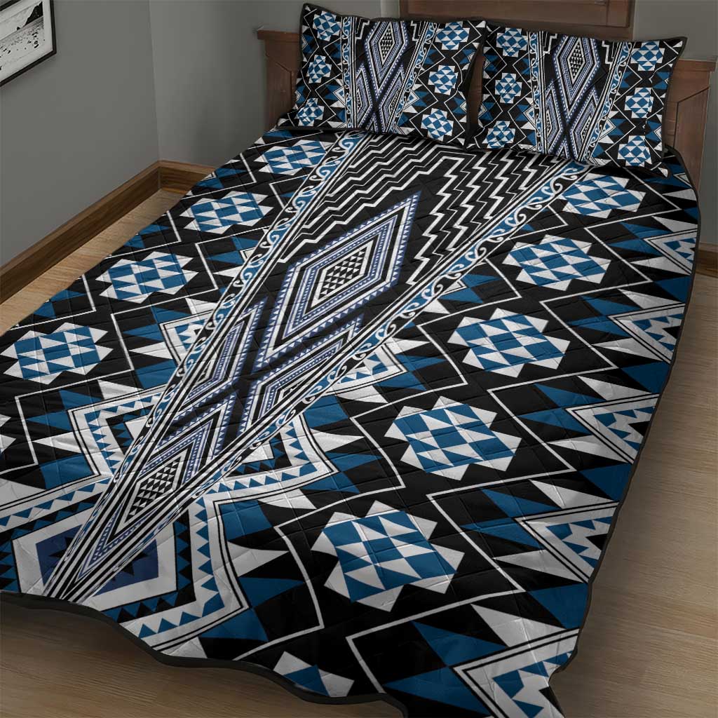 Blue Aotearoa Tukutuku and Poutama Motif Quilt Bed Set LT03 - Polynesian Pride