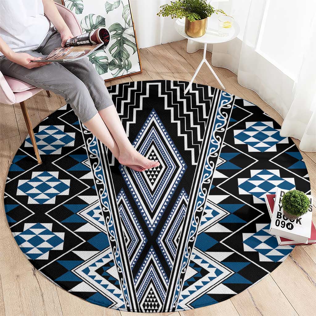 Blue Aotearoa Tukutuku and Poutama Motif Round Carpet LT03 - Polynesian Pride