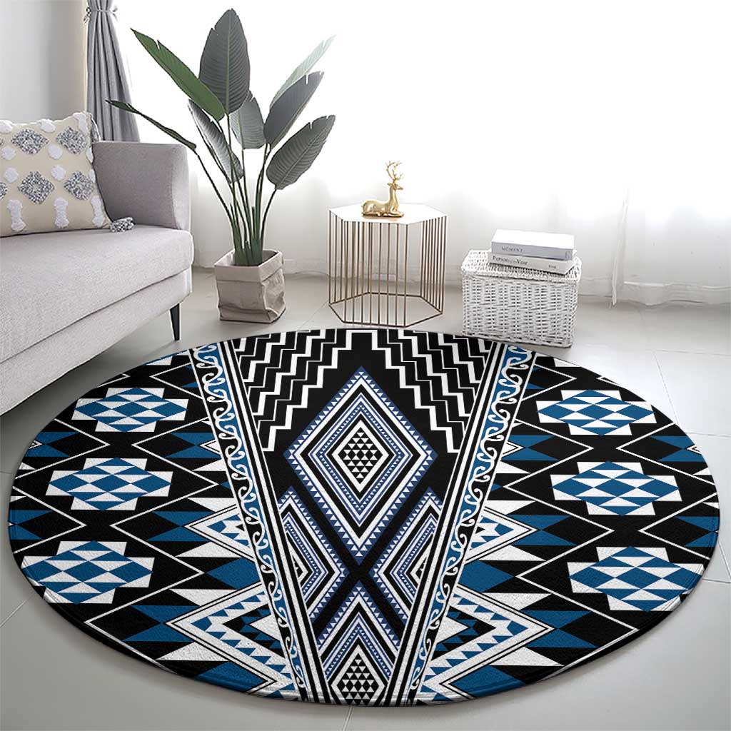 Blue Aotearoa Tukutuku and Poutama Motif Round Carpet LT03 - Polynesian Pride